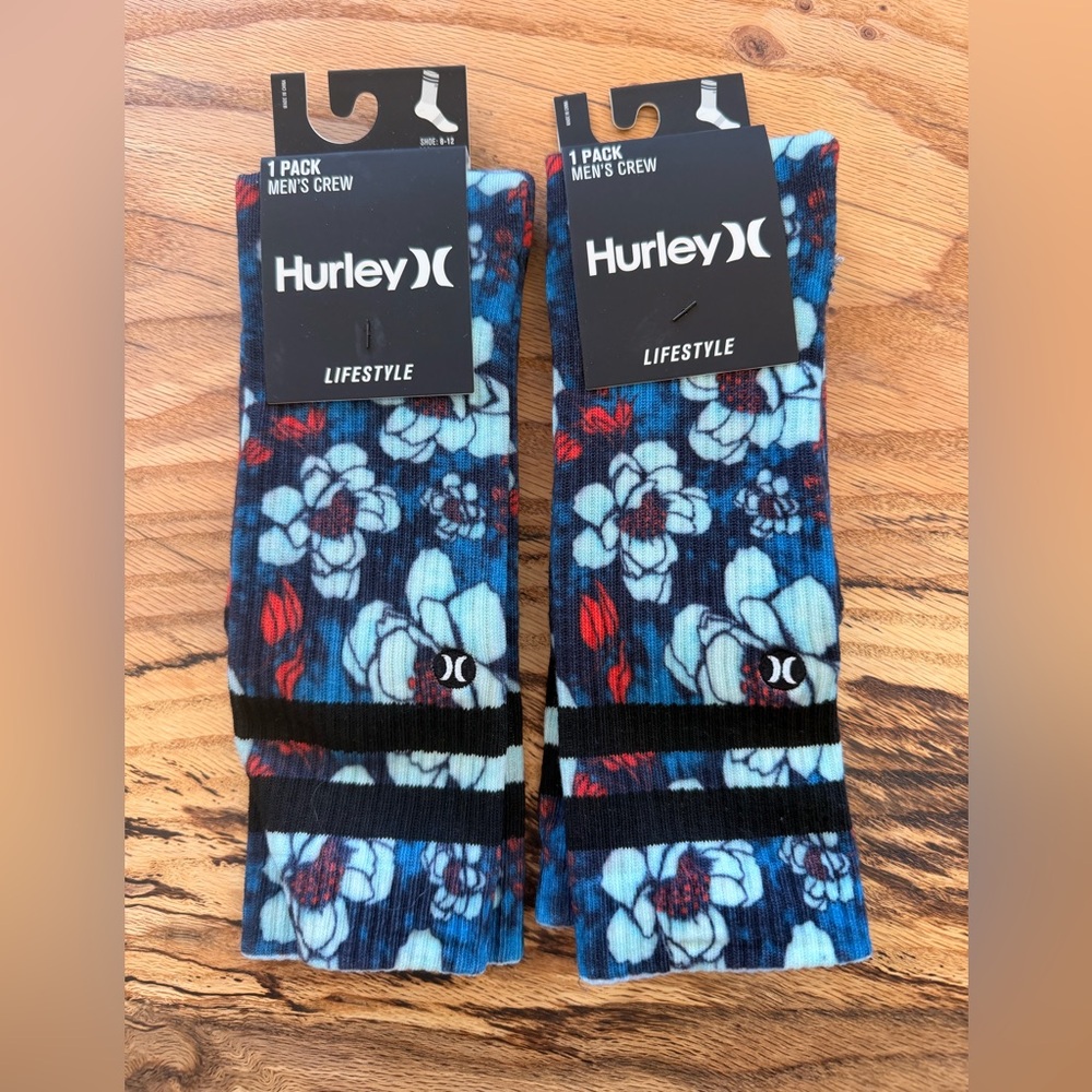 Hurley Men’s Crew Socks Floral Print Size 8-12 NEW (2 Pairs)